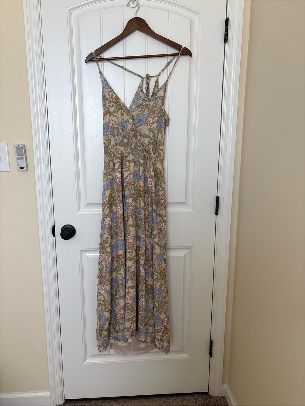 Listicle Beige Floral Maxi Dress with Pink & Blue Accents
